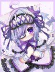  1girl ahoge animal_ears bandages capelet demon_tail dress emil_chronicle_online eyepatch frilled_capelet frilled_dress frilled_hairband frills hairband highres looking_at_viewer own_hands_clasped own_hands_together purple_capelet purple_dress purple_eyes purple_ribbon ribbon satsuki_atan tail white_familiar_alma white_hair white_tail white_wings wing_ornament wings 