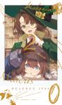  2girls :d :o absurdres anniversary black_gloves blue_coat blue_eyes blurry blurry_background border bow brown_hair building character_name coat copyright_name eyewear_strap flower glasses gloves green_eyes green_hat green_jacket grey_hat hair_bow hand_up hat hat_feather hat_flower highres jacket kakania_(reverse:1999) lantern looking_at_viewer marcus_(reverse:1999) meeeeei mirror multiple_girls newsboy_cap open_mouth reverse:1999 round_eyewear scarf signature smile upper_body white_border white_gloves white_scarf yellow_bow yellow_flower 