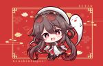  1girl black_thighhighs blush boo_tao_(genshin_impact) brown_hair chibi chibi_only commentary_request dress eyewear_on_head flower-shaped_pupils full_body genshin_impact hair_between_eyes hat hu_tao_(cherries_snow-laden)_(genshin_impact) hu_tao_(genshin_impact) kashiwadokoro long_hair long_sleeves looking_at_viewer official_alternate_costume open_mouth red-tinted_eyewear red_background red_eyes solo standing symbol-shaped_pupils thighhighs tinted_eyewear twintails typo very_long_hair white_dress white_hat yellow-framed_eyewear 