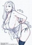  1girl apron arms_behind_back bare_shoulders breasts choker cleavage collarbone earrings eyeliner fate/grand_order fate_(series) greyscale hair_over_one_eye hoop_earrings jewelry large_breasts leaning_forward long_hair looking_at_viewer makeup monochrome mrs._snake_(fate) nekomata_naomi open_mouth panties sideboob smile solo thighhighs thighs translation_request underwear 