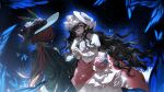  2girls :d aiming black_hair blue_background blue_butterfly blue_eyes bow brown_hair bug butterfly dress face-to-face facing_away feathers from_behind gloves gown green_feathers green_hat green_jacket gun hair_bow hair_over_one_eye hat hat_bow hat_feather highres holding holding_gun holding_hands holding_weapon isolde_(reverse:1999) jacket juliet_sleeves kakania_(reverse:1999) long_hair long_sleeves looking_at_another low_ponytail multiple_girls oroolcicely picture_hat ponytail puffy_sleeves reverse:1999 revolver smile upper_body veil wavy_hair weapon white_bow white_dress white_hat white_veil yellow_bow yellow_gloves 