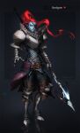  animal_humanoid armor boots clothing ear_fins eye_patch eyewear female fin fish fish_humanoid footwear gloves hair handwear hi_res holding_object holding_weapon humanoid ixtianart marine marine_humanoid melee_weapon polearm ponytail red_hair simple_background solo spear undertale_(series) undyne weapon yellow_sclera 