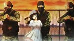  1girl 3boys :o aiming aiming_at_another aiming_at_viewer assault_rifle at_gunpoint balaclava black_hair black_vest blue_eyes blurry blurry_background breasts bulletproof_vest camouflage chain-link_fence cloud cloudy_sky collar combat_helmet digital_camouflage dress evening everyone fence frilled_collar frills game_cg gloves gun handgun hat height_difference helmet highres holding holding_weapon holster holstered hostage huke jacket leather leather_gloves load_bearing_vest long_sleeves looking_at_viewer mask medium_breasts medium_hair military military_combat_uniform military_hat military_uniform mouth_mask multiple_boys official_art open_mouth orange_sky outdoors pink_sash pleated_dress pleated_skirt restrained rifle ringed_eyes sash shiina_mayuri short_hair skirt sky soldier spoilers standing steins;gate steins;gate_0 sundress sunset tongue vest waist_sash weapon weapon_request 