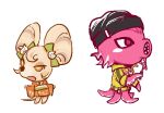  1boy 1girl :o animal_crossing animalization black_hat bow cat_hair_ornament colored_skin crossover danganronpa_(series) danganronpa_2:_goodbye_despair green_bow green_jacket hair_bow hair_ornament hat highres jacket japanese_clothes kimono long_sleeves mouse_(animal) niniliuliu octopus orange_kimono pink_eyes pink_skin saionji_hiyoko simple_background soda_kazuichi white_background wide_sleeves 