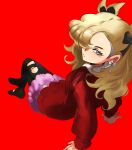  1girl alternate_costume alternate_hair_color asymmetrical_bangs black_bow black_pantyhose blonde_hair bow closed_mouth commentary eyelashes green_eyes hair_bow highres invisible_chair long_hair long_sleeves looking_back marnie_(marnielovesyou) marnie_(pokemon) pantyhose pokemon pokemon_swsh purple_skirt red_sweater sitting skirt solo split_mouth sweater torn_clothes torn_pantyhose 