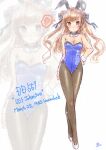  1girl alternate_costume animal_ear_hairband animal_ears black_collar black_pantyhose blue_leotard bow bowtie breasts brown_eyes brown_hair character_name cleavage clothes_writing collar detached_collar fake_animal_ears full_body hairband hand_on_own_hip hashtag_commentary headgear johnston_(kancolle) kantai_collection koshigaya_tatsumi leotard medium_breasts pantyhose playboy_bunny rabbit_ears solo spoken_blush strapless strapless_leotard two_side_up white_bow white_bowtie wrist_cuffs 