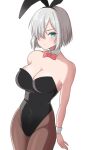  1girl alternate_costume animal_ears aqua_eyes black_legwear black_leotard bow bowtie breasts covered_navel detached_collar fake_animal_ears hair_ornament hair_over_one_eye hairclip hamakaze_(kancolle) highleg highleg_leotard highres kantai_collection large_breasts leotard pantyhose playboy_bunny rabbit_ears red_bow red_bowtie short_hair silver_hair solo strapless strapless_leotard wrist_cuffs yomogi_dango 