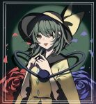  1girl absurdres black_hat black_trim blue_flower blue_rose bow flower frilled_sleeves frills green_bow green_eyes green_hair green_shirt green_skirt hair_between_eyes hands_up hat hat_bow heart heart_of_string highres index_fingers_together komeiji_koishi long_sleeves looking_at_viewer one_eye_closed open_mouth petals red_eyes rose shirt short_hair skirt smile solo touhou user_fer1494 wide_sleeves 