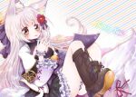  1girl :p animal_ears black_boots black_dress blue_ribbon boots breasts dress emil_chronicle_online flower_ornament fox_ears fox_girl fox_tail frilled_dress frilled_sleeves frilled_wristband frills hair_ornament hair_ribbon long_hair maid medium_breasts ribbon satsuki_atan tail tamamo_lore tongue tongue_out two-tone_dress wa_maid white_dress white_hair yellow_eyes 