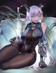  1girl absurdres aegir_(azur_lane) azur_lane bare_shoulders black_cape black_gloves bodystocking bodysuit breast_curtains breasts cape covered_navel cross cross-laced_clothes cross_earrings demon_horns earrings elbow_gloves gloves hair_on_horn highres horns huge_breasts impossible_bodysuit impossible_clothes iron_cross jewelry kestie_choi long_hair multicolored_hair pulled_by_self red_hair skindentation solo streaked_hair thighs two-tone_hair underbust very_long_hair white_hair yellow_eyes 