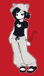  absurdres animal_hat baggy_pants black_eyes black_hair black_sandals black_shirt cat_girl cat_hat cat_skull cat_tail colored_skin gato_del_futuro hat high_contrast highres jitome marie_(gato_del_futuro) original outline pants platform_sandals ponytail red_background red_theme sandals shirt short_ponytail skull_print tail white_outline white_skin 