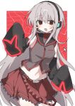  1girl belt black_sleeves blush cropped_shirt cursor detached_sleeves gil_(gil_261) grey_hair headphones headset highres long_hair long_sleeves looking_at_viewer open_mouth red_eyes red_skirt sailor_collar sailor_shirt shirt skirt sleeveless sleeveless_shirt solo sukone_tei utau very_long_hair 
