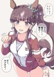  1girl animal_ears beckoning blunt_bangs brown_hair buruma check_commentary check_translation commentary_request fake_animal_ears grey_background gym_shirt hairband high_ponytail highres homing_(areya) horse_ears horse_tail light_blush long_hair lucky_lilac_(umamusume) open_mouth ponytail purple_eyes red_buruma red_track_suit shirt simple_background speech_bubble starfish_hair_ornament tail teeth track_suit translated translation_request umamusume upper_teeth_only very_long_hair 