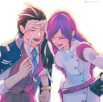  1boy 1girl ace_attorney apollo_justice arm_on_another&#039;s_shoulder aura_blackquill black_gloves blue_necktie bracelet brown_hair closed_eyes collared_shirt crying dress gloves gold_bracelet highres jacket jacket_on_shoulders jewelry kuranne lapel_pin long_hair necktie pants phoenix_wright:_ace_attorney_-_dual_destinies purple_hair red_pants red_vest shirt short_hair simple_background smile teeth twitter_username vest waist_bag white_background white_dress white_shirt 