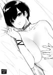  1girl absurdres artist_name bangs bare_shoulders bed black_hair blush breasts bright_pupils choker cleavage collarbone covering covering_breasts highres large_breasts light_frown looking_at_viewer lying monochrome navel norman_maggot olive_laurentia on_side original pixie_cut ribbon short_hair solo swept_bangs topless tsurime upper_body wrist_ribbon 