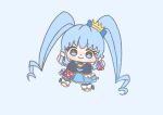  1girl absurdly_long_hair ascot black_pantyhose black_vest blue_ascot blue_background blue_bow blue_eyes blue_hair blue_skirt blue_wrist_cuffs boots bow brooch chibi closed_mouth collared_vest crown cure_princess dot_nose eyelashes footwear_bow frilled_skirt frilled_vest frills gold_crown hair_bow happinesscharge_precure! happy heart heart_brooch ichigo_usuhana jewelry lapels light_blush long_hair looking_at_viewer magical_girl mini_crown miniskirt outstretched_arms pantyhose pleated_skirt precure ringlets shirayuki_hime shirt short_sleeves sidelocks simple_background skirt smile solo tareme twintails very_long_hair vest waist_bag watch white_arm_warmers white_bag white_boots white_shirt wrist_cuffs wristwatch 