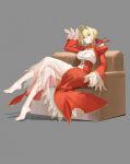  1girl ahoge barefoot blonde_hair breasts bun_with_braided_base chinese_commentary cleavage closed_mouth commentary_request couch crossed_legs dress epaulettes fate/extra fate_(series) feet full_body green_eyes grey_background hair_between_eyes hair_intakes hair_ribbon highres juliet_sleeves large_breasts long_sleeves looking_at_viewer nero_claudius_(fate) nero_claudius_(fate/extra) on_couch puffy_sleeves red_dress red_ribbon redrawn ribbon shadow simple_background sitting solo yin_lan_xue 