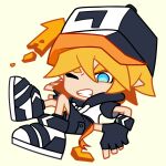  1boy aotu_world arrow_(symbol) baseball_cap belt black_gloves black_hat black_shoes black_shorts blonde_hair blue_eyes chibi chibi_only clenched_teeth fallen_down fingerless_gloves full_body gloves hair_between_eyes hat hood hood_down hoodie king_(aotu_world) looking_at_viewer male_focus multicolored_hat multicolored_hoodie multicolored_shoes official_art one_eye_closed pointy_ears qi_chuang_she shoes short_hair short_sleeves shorts simple_background sitting sneakers solo teeth third-party_source white_background white_hoodie yellow_belt 