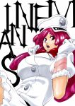  1girl :o alpen_no_koyari bleach bleach:_sennen_kessen-hen bow bowtie breasts buttons character_name clenched_hands commentary cowboy_shot curly_hair double-breasted eyebrows_hidden_by_hair eyelashes fur-trimmed_gloves fur_trim gloves hands_up hat highres jacket kubo_tite_(style) large_breasts long_hair looking_at_viewer meninas_mcallon military_hat military_uniform nose official_style open_mouth parted_lips peaked_cap pink_eyes pink_hair red_bow red_bowtie simple_background skirt solo tareme teeth tongue white_background white_gloves white_hat white_jacket white_skirt 