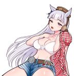  1girl absurdres animal_ears belt bikini bikini_top_only blue_eyes blue_shorts blunt_bangs blush bow bra breasts bright_pupils brown_belt cleavage commentary cosplay denim denim_shorts ear_bow ear_covers gingham_shirt gold_ship_(umamusume) grey_hair hand_on_own_chest highres horse_ears horse_girl kwon_eun-bi kwon_eun-bi_(cosplay) large_breasts long_hair looking_at_viewer open_clothes open_mouth open_shirt pillbox_hat plaid_clothes plaid_shirt puffy_short_sleeves puffy_sleeves purple_bow red_shirt shirt short_sleeves shorts simple_background solo swimsuit teeth umamusume underwear upper_teeth_only vivianvalenart white_background white_bikini white_bra white_pupils 