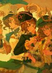  3girls :o absurdres armor black_hat black_jacket breastplate brown_hair cropped green_eyes green_hat hat hat_feather highres holding holding_notebook holding_quill holding_scroll jacket military_hat multiple_girls multiple_persona newsboy_cap notebook official_alternate_costume profile quill recoleta_(reverse:1999) reverse:1999 rinmaker scroll shirt smile white_hat white_shirt yellow_background 