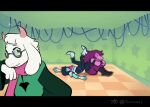  1boy 1girl 1other animated animated_gif armor artist_name black_jacket closed_eyes deltarune english_commentary fangs floppy_ears furry furry_female furry_male glasses goat_horns green_robe horns jacket kris_(deltarune) looking_at_viewer pink_horns pink_scarf posing praying purple_hair ralsei robe scarf signature susie_(deltarune) taxmaaan the_amazing_digital_circus twitter_username white_fur 