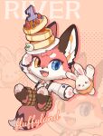  1boy animal_ears animal_feet animal_hands anniversary blue_eyes chibi chibi_only chibikemo commentary english_commentary fluffy_land food fox_boy fox_ears fox_tail furry furry_male guest_art heterochromia looking_at_viewer male_focus murro_mi official_alternate_costume official_art orange_fur pancake pancake_stack pawpads plaid_clothes plaid_shorts river_(fluffy_land) second-party_source shorts smile solo souffle_pancake stuffed_animal stuffed_rabbit stuffed_toy suspenders tail yellow_eyes zoom_layer 