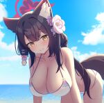  1girl all_fours animal_ear_fluff animal_ears bare_arms bare_shoulders bikini black_hair blue_archive blue_flower blush breasts cleavage closed_mouth collarbone commentary_request flower fox_ears fox_girl fox_tail hair_between_eyes hair_flower hair_ornament hanging_breasts highres iggy@cafe large_breasts long_hair official_alternate_costume pink_flower purple_flower sidelocks smile solo swimsuit tail wakamo_(blue_archive) wakamo_(swimsuit)_(blue_archive) white_bikini yellow_eyes 