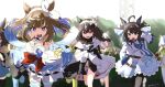  6+girls ahoge almond_eye_(umamusume) animal_ears black_hair blue_eyes brown_eyes brown_hair commentary_request contrail_(racehorse) curren_bouquetd'or_(umamusume) daring_tact_(umamusume) detached_sleeves hair_ornament hairband highres horse_ears horse_girl horse_tail jacket japan_cup long_hair looking_at_viewer multiple_girls open_mouth running scene_reference tail thighhighs twitter_username umamusume yukke_jan 