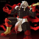 abs alien anthro arm_warmers armor armwear balls barazoku biceps big_balls big_muscles big_pecs big_penis black_clothing black_lips black_nose black_sclera bodily_fluids bodysuit bottomless bottomless_anthro bottomless_male braided_hair claws clothed clothing cum dreadlocks elbow_gloves erection felid feline foreskin fur genital_fluids genitals glans gloves gold_(metal) gold_armor gold_jewelry greeting hair half-erect handwear hi_res holding_object holding_weapon huge_penis humanoid_genitalia humanoid_penis hyper image_comics inside invincible_(image_comics) jewelry kirlanlion leaking_precum lion lips mace male mammal melee_weapon muscular muscular_anthro muscular_male muscular_thighs nipples nude pantherine partially_retracted_foreskin pecs penis pink_glans precum red_clothing red_eyes saggy_balls saliva sash skinsuit skintight_suit solo suit text thick_thighs thokk_(invincible) tight_clothing triceps weapon whiskers white_balls white_body