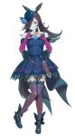  1girl absurdres animal_ears arqa black_dress blue_flower blue_rose dagger dress flower full_body hair_over_one_eye hat hat_flower highres horse_ears horse_girl horse_tail knife rice_shower_(umamusume) rose simple_background solo tail umamusume weapon white_background 