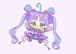  1girl absurdly_long_hair ahoge asymmetrical_shirt back_bow blue_bow blue_hair bow bow_legwear bow_skirt bracelet bridal_gauntlets chibi choker closed_mouth commentary cure_kyunkyun dot_nose double_bun earrings eyelashes frilled_shirt frills hair_bobbles hair_bow hair_bun hair_ornament happy headset ichigo_usuhana jewelry kimi_to_idol_precure kneehighs lace-trimmed_skirt lace_trim light_blush long_hair looking_at_viewer magical_girl miniskirt multicolored_hair multiple_earrings outstretched_arms plaid_bow plaid_clothes plaid_skirt plaid_sleeves pleated_sleeves precure purple_background purple_bow purple_bridal_gauntlets purple_choker purple_hair purple_shirt purple_shoes purple_skirt purple_socks purple_theme shigure_kokoro shirt shoes short_sleeves simple_background single_bare_shoulder single_sleeve skirt skirt_set smile socks solo sphere_earrings streaked_hair tareme twintails two-sided_bow two-tone_hair very_long_hair wavy_hair yellow_eyes 