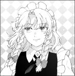  1girl apron bow braid checkered_background collared_shirt commentary curtained_hair frilled_apron frills greyscale hair_between_eyes hair_bow highres izayoi_sakuya konruri_blue looking_to_the_side maid maid_apron maid_headdress medium_hair monochrome multiple_hair_bows puffy_short_sleeves puffy_sleeves screentones shirt short_sleeves solo touhou twin_braids upper_body 
