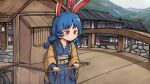  1boy 4girls absurdres animal_ears architecture blue_hair blue_kimono bridge building closed_mouth commentary_request cowboy_shot day east_asian_architecture eating hieda_no_akyuu highres human_village_(touhou) ibaraki_kasen japanese_clothes kimono lantern long_hair motoori_kosuzu multiple_girls outdoors paper_lantern piaki pullcart rabbit_ears rabbit_girl red_eyes seiran_(touhou) smile solo_focus torii touhou water waterfall 