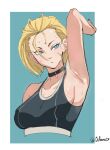  1girl arm_up blonde_hair blue_eyes border breasts cammy_white choker collarbone commentary english_commentary eyelashes highres looking_to_the_side medium_breasts medium_hair octavius_(octavius_dp) scar scar_on_cheek scar_on_face sideboob signature simple_background solo sports_bra street_fighter street_fighter_6 sweat upper_body white_border 