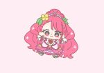  1girl absurdly_long_hair asymmetrical_bangs back_bow boots bow chibi closed_mouth collared_vest cure_grace dot_nose dress earrings eyelashes flower footwear_bow frilled_dress frills gloves green_bow hair_flower hair_ornament hanadera_nodoka happy healin&#039;_good_precure heart heart_hair_ornament high_ponytail ichigo_usuhana jewelry lapels leaf_earrings leaf_hair_ornament light_blush long_hair looking_at_viewer magical_girl medium_dress notched_lapels open_clothes open_vest outstretched_arms pink_background pink_bow pink_dress pink_eyes pink_hair pink_theme pink_vest ponytail precure short_sleeves simple_background smile solo swept_bangs tareme thigh_boots tiara very_long_hair vest wavy_hair white_boots white_gloves wrist_bow yellow_flower 
