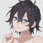  1girl 23i2ko :3 ahoge black_hair blue_background blue_eyes double-parted_bangs hair_between_eyes hand_on_own_chin index_finger_raised looking_at_viewer messy_hair no_shirt original portrait short_hair simple_background solo 
