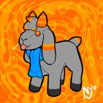  abstract_background blep blue_scarf bovid caprine floppy_ears fur goat grey_body grey_fur gusta_(gusta) hair hi_res horn male maltus_vandrel mammal orange_eyes orange_horn orange_stripes plushie scarf short_tail solo stripes tongue tongue_out 