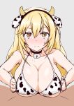  1boy 1girl absurdres animal_ears animal_print bikini blonde_hair blush breasts brown_eyes commentary_request cow_ears cow_horns cow_print cow_print_bikini fake_animal_ears fake_horns grey_background hair_between_eyes hetero highres horns large_breasts long_hair looking_at_viewer paizuri pov print_bikini shiitake05 shokuhou_misaki sketch sparkling_eyes sweatdrop swimsuit toaru_kagaku_no_railgun toaru_majutsu_no_index unfinished 