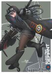  1girl aircraft aircraft_turret airplane black_boots black_skirt blueprint_background bolton-paul_defiant boots elbow_gloves english_text gloves goggles goggles_on_headwear grey_hair helmet highres long_hair mecha_musume military_vehicle nose_art open_mouth original pantyhose personification pilot_helmet propeller red_eyes roundel royal_air_force shark_nose_art short_sleeves signature skirt solo teisei_misagi vehicle_and_personification 