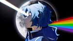  1boy absurdres asher11432 blue_hair blue_shirt brooch chesed_(project_moon) double-parted_bangs from_side full_moon highres jewelry library_of_ruina light_rays low_ponytail male_focus moon moon_behind_head open_mouth pink_floyd ponytail popped_collar project_moon rainbow shirt solo yellow_eyes 
