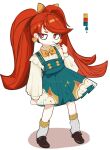  1girl bow bowtie brown_shoes closed_mouth collared_shirt color_guide commentary full_body green_skirt hair_ribbon hand_up highres long_hair long_sleeves original red_eyes red_hair ribbed_socks ribbon ryu_(17569823) shirt shoes simple_background skirt socks solo suspender_skirt suspenders symbol-only_commentary twintails white_background white_shirt white_socks yellow_bow yellow_bowtie yellow_ribbon 