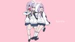  1girl atsuko&#039;s_grin_(meme) atsuko_(blue_archive) backpack bag black_shoes blue_archive blue_skirt commentary_request eating full_body grin halo hand_up holding_strap hood hood_up hoodie kyu-kurarin_(cevio) leg_up long_hair long_sleeves looking_to_the_side low_twintails meme miniskirt multiple_views parody pink_background pleated_skirt puffy_long_sleeves puffy_sleeves purple_hair red_eyes sanmon_illus shoes simple_background skirt sleeves_past_fingers sleeves_past_wrists smile socks solo standing standing_on_one_leg translation_request twintails v-shaped_eyebrows white_hoodie white_socks 