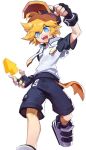  1boy :d ahoge aotu_world arrow_(symbol) baseball_cap belt black_gloves black_hat black_shorts blonde_hair blue_eyes clenched_hand drawstring fingerless_gloves full_body gloves hair_between_eyes hand_up hat hood hoodie king_(aotu_world) looking_at_viewer male_focus multicolored_hat multicolored_hoodie multicolored_shoes official_art open_mouth pointy_ears qi_chuang_she shoes short_hair short_sleeves shorts simple_background smile sneakers solo teeth third-party_source transparent_background white_hoodie white_shoes yellow_belt 