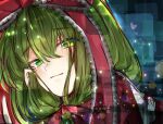  1girl bangs blush bow dress eyebrows_visible_through_hair frilled_ribbon frills front_ponytail green_eyes green_hair hair_between_eyes hair_bow hair_ribbon highres kagiyama_hina katsuobushi_(eba_games) medium_hair red_dress red_ribbon ribbon solo touhou 