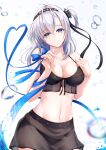  1girl bikini bikini_skirt black_bikini black_headband black_sarong blush breasts cleavage clothes_writing collarbone grey_eyes grey_hair hachimaki hachiware_(8ware63) hair_between_eyes headband highres kantai_collection long_hair looking_at_viewer medium_breasts one_side_up sarong see-through_clothes see-through_skirt skirt smile solo suzutsuki_(kancolle) suzutsuki_(swimsuit)_(kancolle) swimsuit water white_background white_headband 