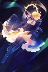  1girl absurdres aqua_eyes artoria_pendragon_(fate) back_bow black_background black_pantyhose blonde_hair blue_background blue_boots blue_bow blue_bowtie blue_dress blue_ribbon boots bow bowtie braid breasts buttons cleavage_cutout clothing_cutout dress english_commentary excalibur_(fate/stay_night) faithom fate/stay_night fate/unlimited_blade_works fate_(series) fingernails floating_clothes flying frills full_body gradient_background hair_between_eyes hair_bun hair_ribbon halo halo_behind_head highres holding holding_sword holding_weapon honkai:_star_rail honkai_(series) juliet_sleeves long_sleeves looking_to_the_side mandarin_collar medium_breasts pantyhose puffy_sleeves ribbon saber_(fate) saber_(honkai:_star_rail)_(fate) short_hair sidelocks simple_background solo sword teeth two-tone_dress weapon white_dress 
