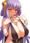  1girl bare_shoulders bb_(fate) bb_dubai_(fate) black_dress blush bracelet braid braided_hair_rings breasts center_opening cleavage covered_nipples dress fate/grand_order fate_(series) furrowed_brow guriguri_(arayotto4351) hair_ribbon hair_rings heavy_breathing highres huge_breasts jewelry long_hair looking_at_viewer necklace purple_eyes purple_hair ribbon side_slit sideboob smile solo twin_braids variant_set very_long_hair yellow_ribbon 