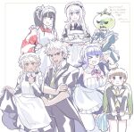  &gt;_o 2boys 5girls anger_vein apron backpack bag black_bow black_dress black_hair black_pants black_shirt black_shorts black_tailcoat blonde_hair blush_stickers bow braid brown_eyes brown_hair butler clothes_lift collared_shirt cup dress duster ginzaki_shouma green_bag green_necktie grey_eyes hair_over_shoulder hand_on_own_arm hand_on_own_hip hand_up highres holding holding_duster holding_tray japanese_clothes kawana_tsubasa kimono kirifuji_nozomi long_hair looking_at_viewer magadori_kyoshika maid maid_apron maid_headdress masked mei_guchuan mixed_maids mojiro_moko multiple_boys multiple_girls neck_ribbon necktie one_eye_closed oosuzuki_kurara pants ponytail purple_eyes red_kimono ribbon scar scar_on_face shirt shorts simple_background single_braid skirt skirt_lift small_sweatdrop teacup the_hundred_line_-last_defense_academy- tray twitter_username wa_maid white_apron white_background white_hair white_shirt yakushiji_takemaru 