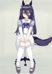  1girl animal_ears black_shoes bow bowtie closed_mouth collarbone colored_skin ear_tag earrings grey_background grey_eyes hair_between_eyes highres horse_ears horse_girl horse_tail jewelry long_bangs long_hair long_hair_between_eyes manhattan_cafe_(umamusume) motion_lines multicolored_skin pleated_skirt puffy_short_sleeves puffy_sleeves purple_bow purple_bowtie purple_shirt sailor_collar school_uniform shirt shirt_tucked_in shoes short_sleeves simple_background single_earring sitting skirt smile solo swivel_chair tail thighhighs tracen_school_uniform two-tone_skin umamusume very_long_hair white_hair white_sailor_collar white_shirt white_skirt white_thighhighs wybblr zettai_ryouiki 